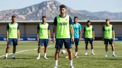 A photo of the Málaga CF players wearing the Cervezas Victoria jersey, with the logo prominently displayed, taken during...