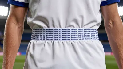 A tight waist-up shot of an anonymous Málaga CF player wearing the new third kit, with the names of the 103...