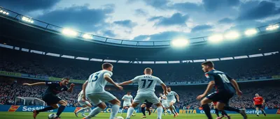 A dramatic editorial sports photo captures a Málaga CF player in blue-and-white plain kit leaping to head the ball during...