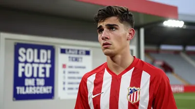 A young Málaga CF fan in a red and white striped jersey, mid-20s, standing in La Rosaleda stadium with a disappointed...