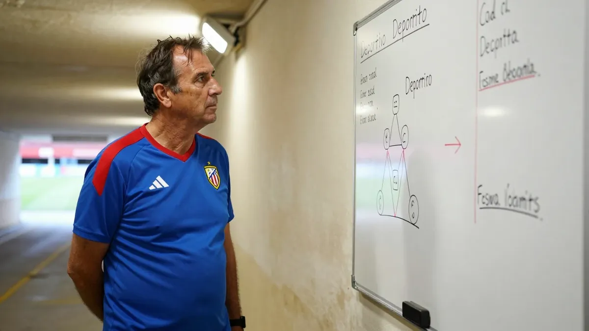 A 50-year-old, ruggedly-built coach, dressed in a plain blue and red Málaga CF training top, stands on the tunnel wall at...