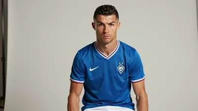 A photorealistic image of a Málaga CF player, wearing a blue jersey and white shorts, with a serious expression, looking...