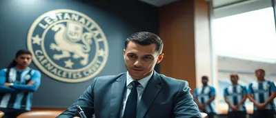 Juan Cruz, mid-30s, athletic striker with short dark hair and focused expression, wearing a plain white jersey with teal...