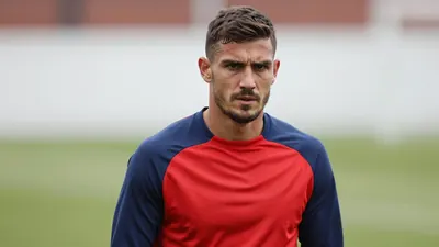 Mid-30s muscular forward, waist-up, intense gaze, blue and red training top (solid navy sleeves, crimson torso, smooth...