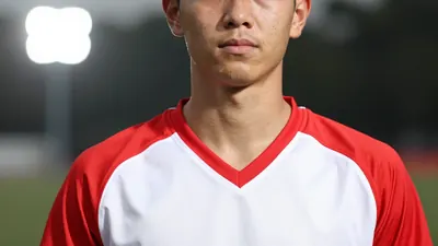 A photorealistic image of an anonymous young player with a build of 170 cm and age range 20-22, wearing a red and white...