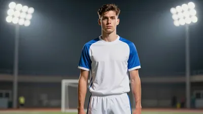 A tight waist-up shot of a young, athletic-looking player with a serious expression, wearing a white jersey with blue...
