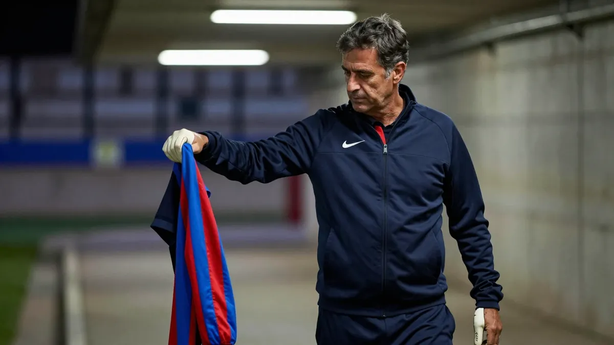 A 50-year-old Málaga CF coach, with a rugged, weathered complexion, stands in the dimly lit tunnel beneath Estadio La...
