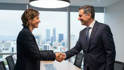 A mid-shot of a Málaga CF business team member, a middle-aged man with a suit and tie, shaking hands with a Unicaja...